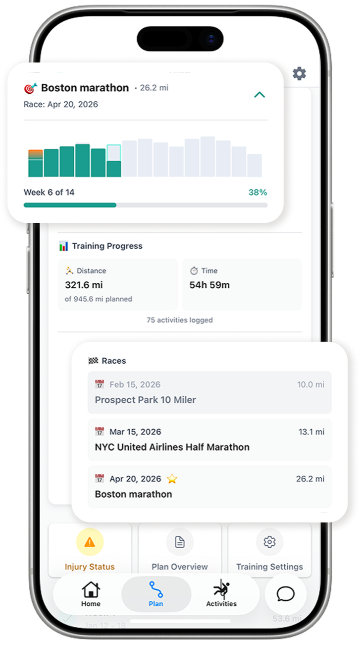 Toga training plan with a Boston Marathon build, weekly progress, and upcoming races