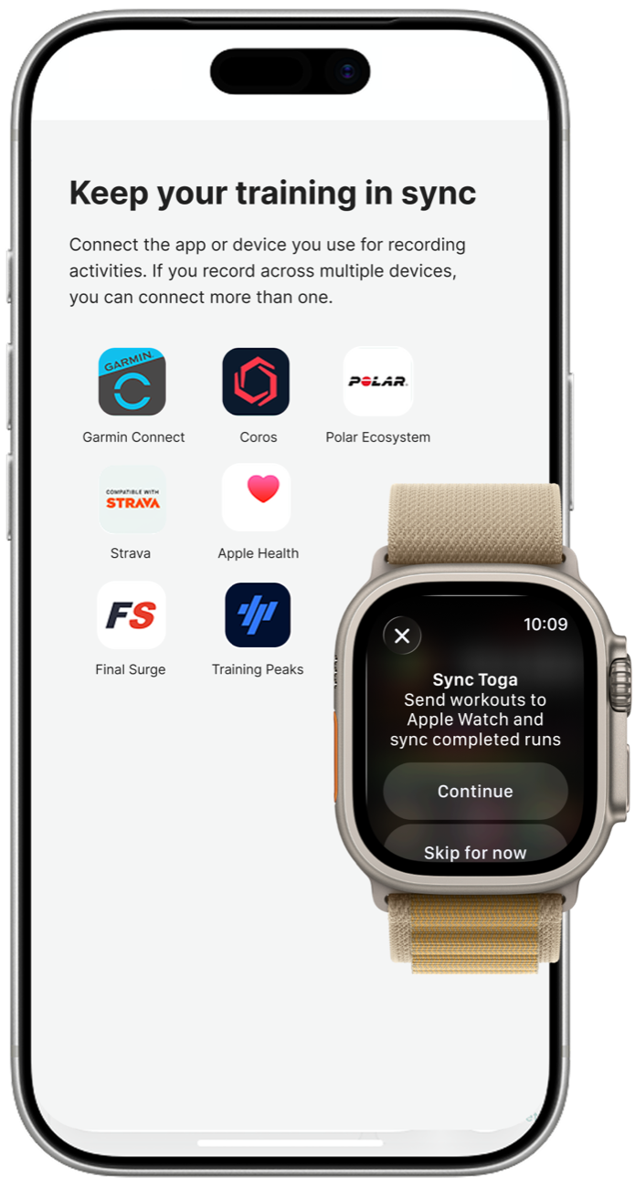 Toga device sync screen with Garmin, Coros, Polar, Strava, Apple Health and an Apple Watch prompt