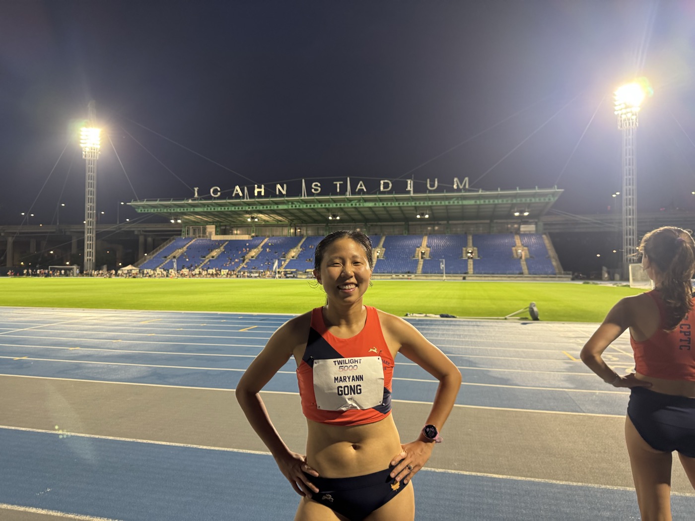 Maryann on the track at Icahn Stadium after a Twilight 5000 race